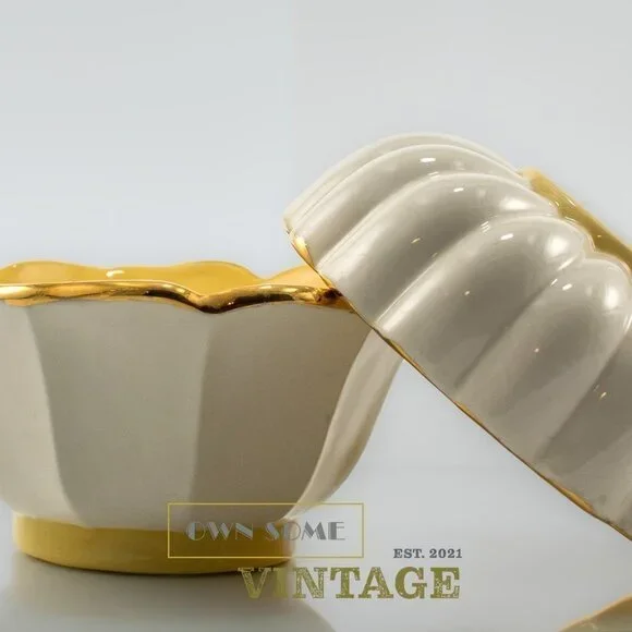 Vintage Porcelain Bowls | Bright Yellow and White with Gold Trim | Set of Bowls - Picture 6 of 6